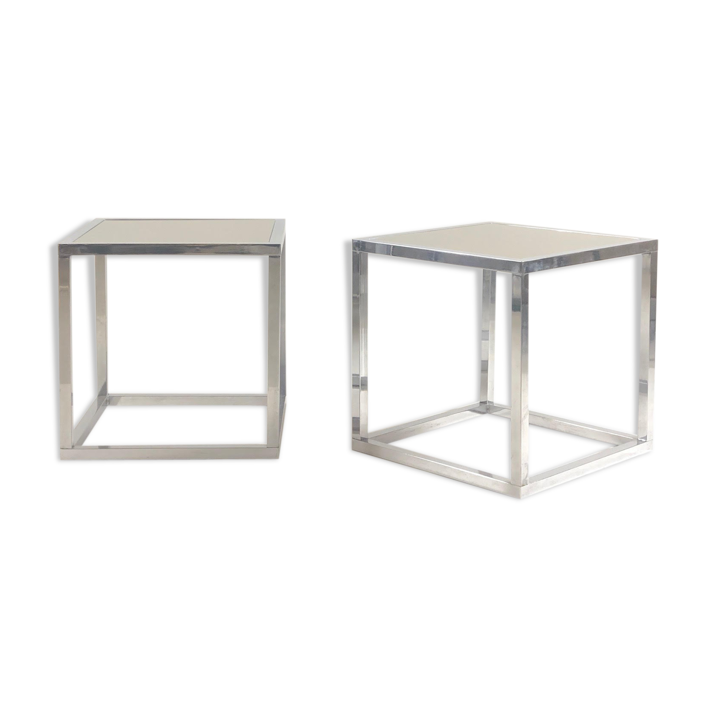 Pair of vintage cubic glass chrome metal side table with 1970 mirror glass tray