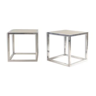 Pair of vintage cubic glass chrome metal side table with 1970 mirror glass tray