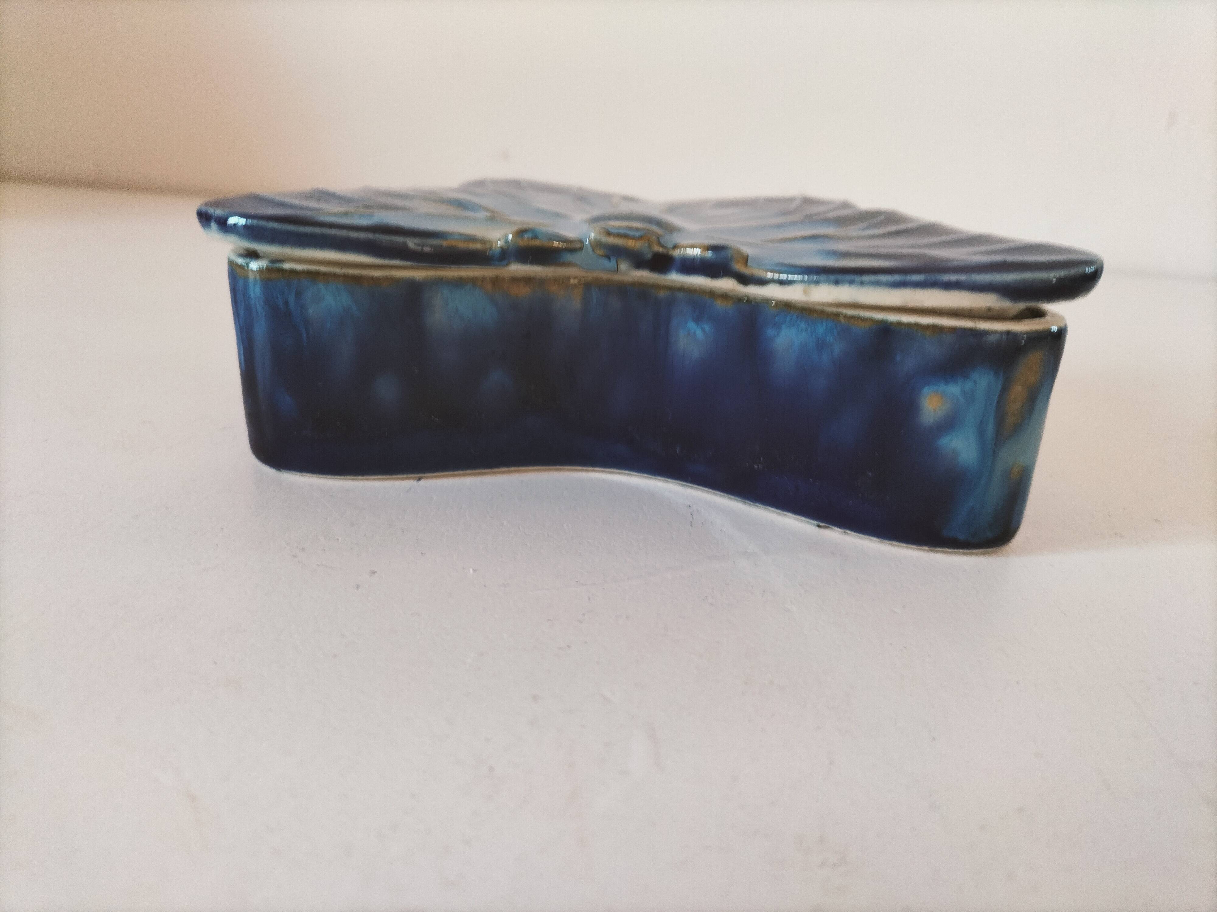 Vintage blue enameled ceramic butterfly box signed alpho