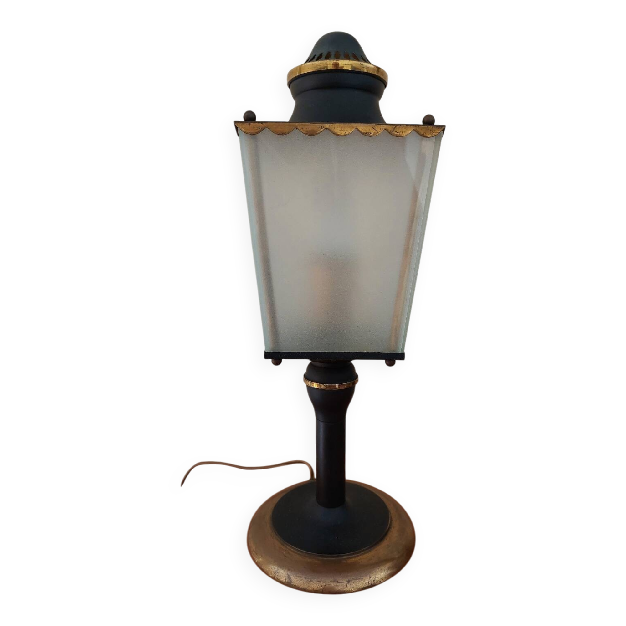 Arlus lamp in black metal, brass and glass circa 1950