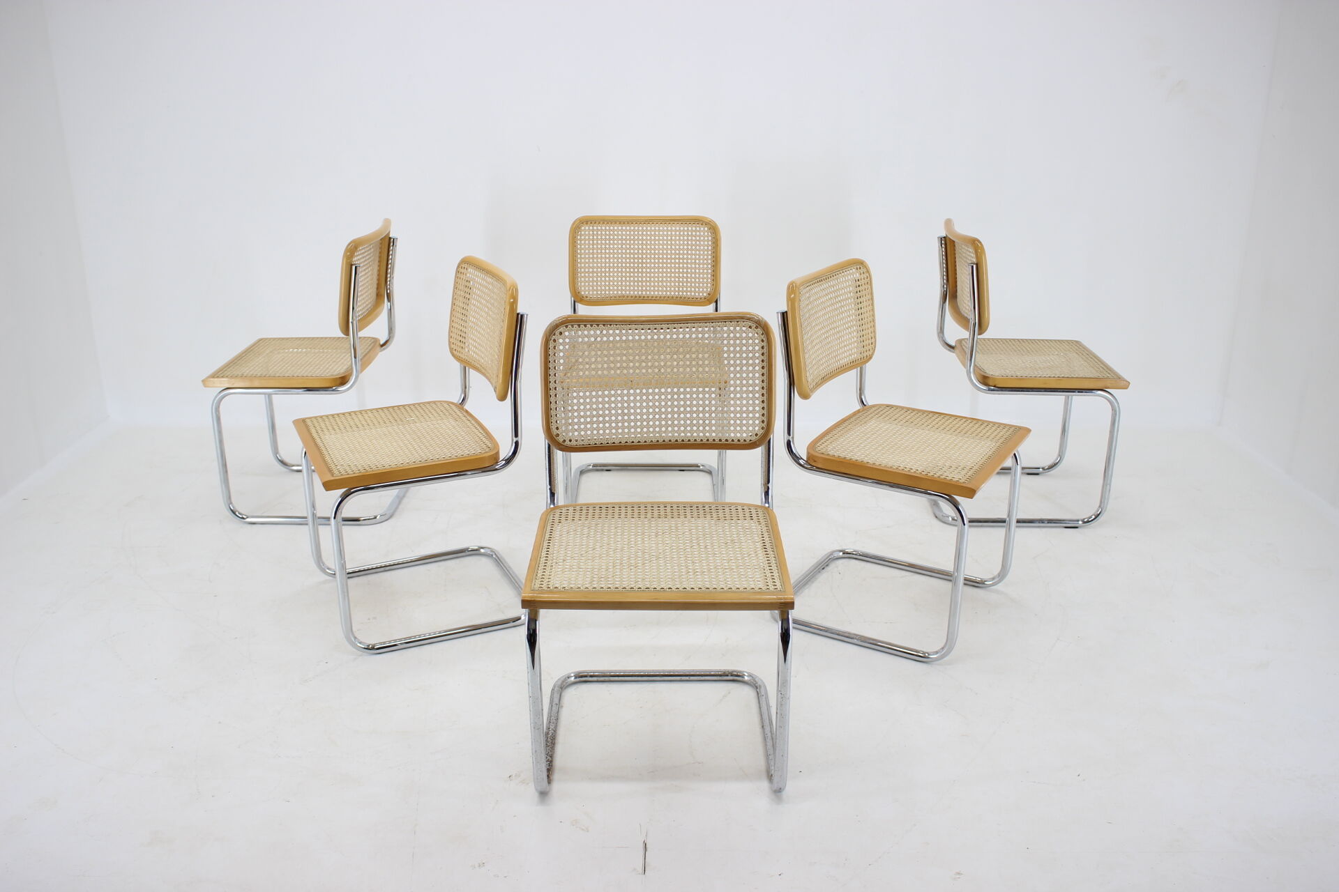 Set of six chrome plated and wood italian dining chairs by Breuer, 1970s
