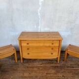 Elm chest of drawers and two elm bedside tables 1980