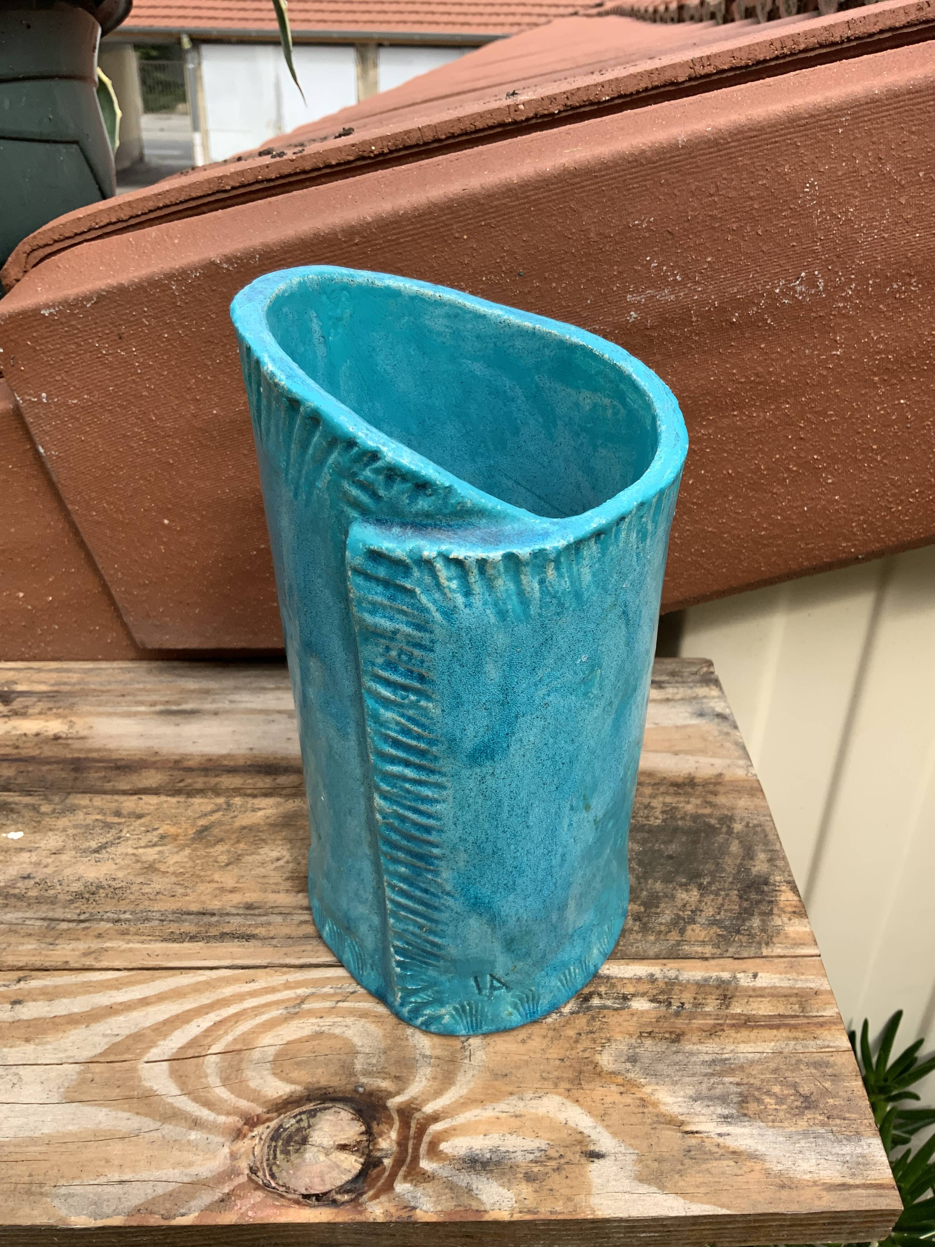 Vintage blue soliflore ceramic vase signed AI