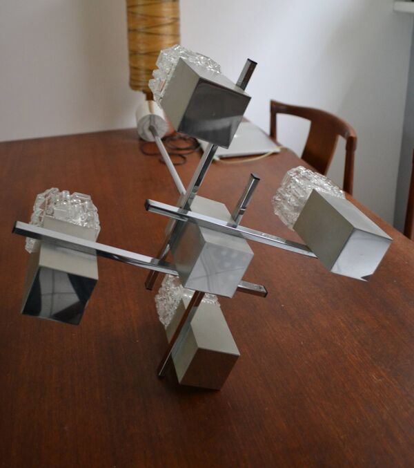 Lustre cubique maison sciolari 4 feux chrome années 70