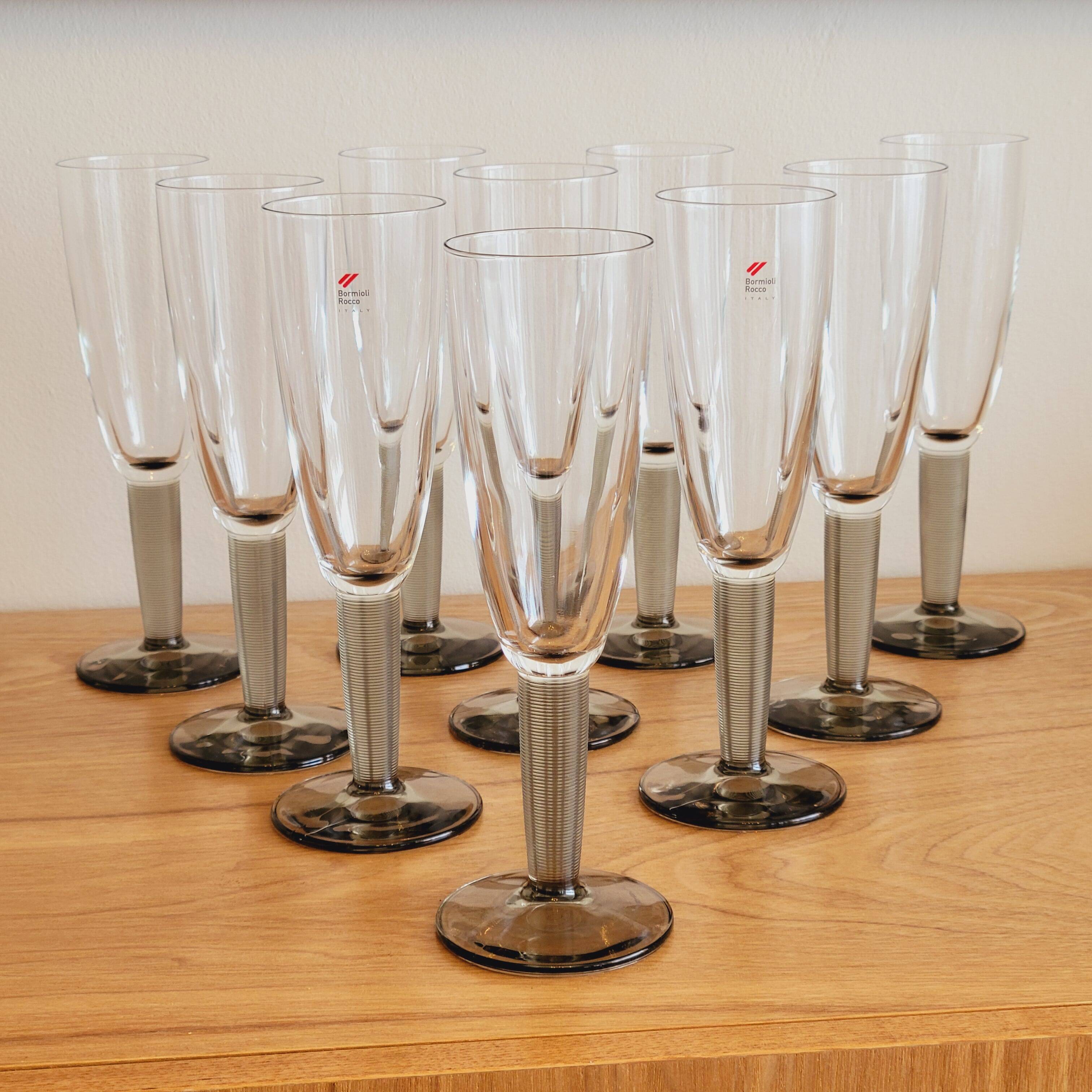 10 Bormioli Rocco Vintage Crystal Champagne Flutes Glasses with Grey Rain Foot