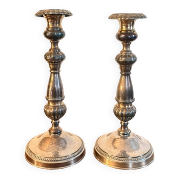 Paire Bougeoirs Métal Argenté Godrons Style Louis XVI XIXe Flambeaux