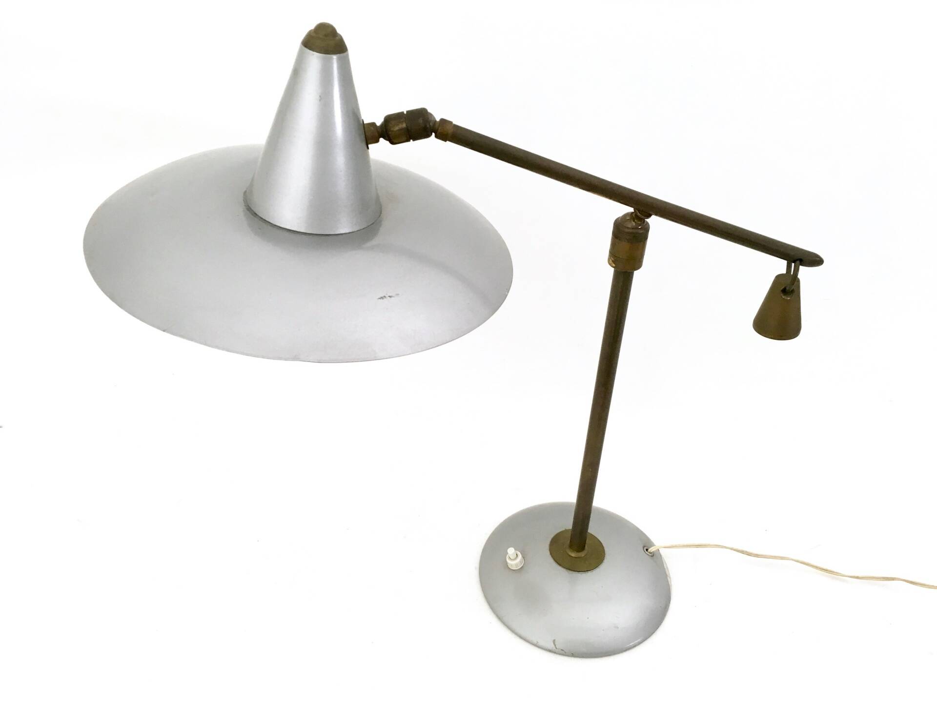 Vintage Brass and Silver Varnished Metal Desk Lamp, Italy