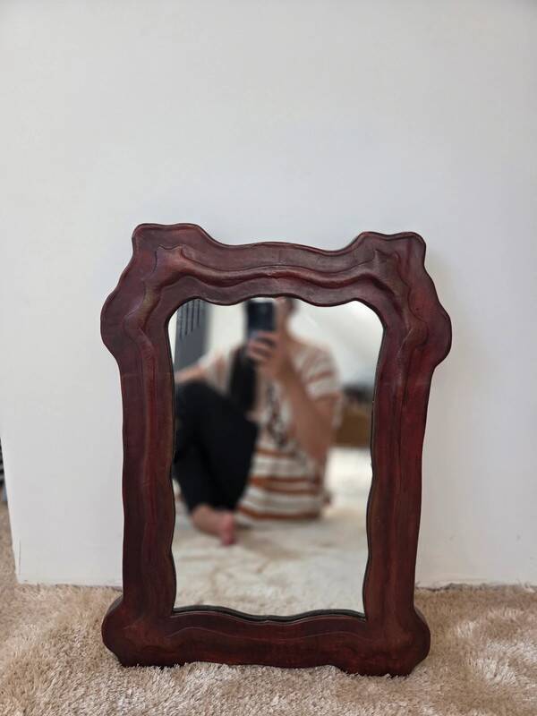 Organic vintage mirror with leather trim - unique decorative piece