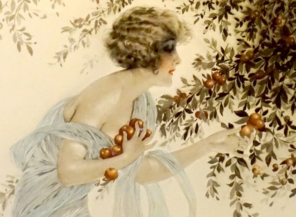Maurice Milliere, La cueillette, etching colors framed art deco