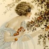 Tableau Maurice Milliere, La cueillette, eau-forte couleurs encadrée art deco