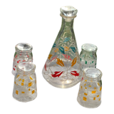 Carafe and 4 glasses with design and vintage patterns 1950/60