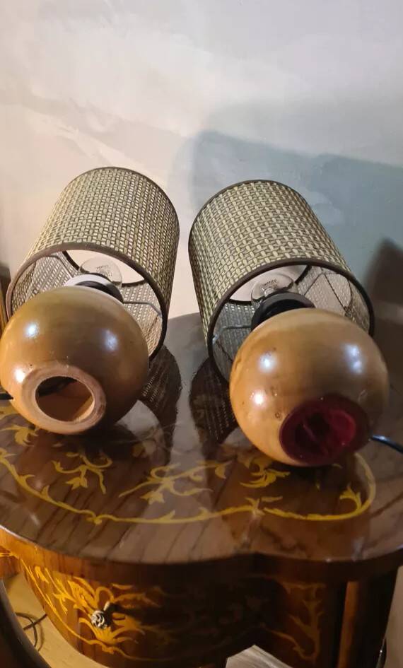 pair of Scandinavian wooden ball bedside lamps elec ok 32x14