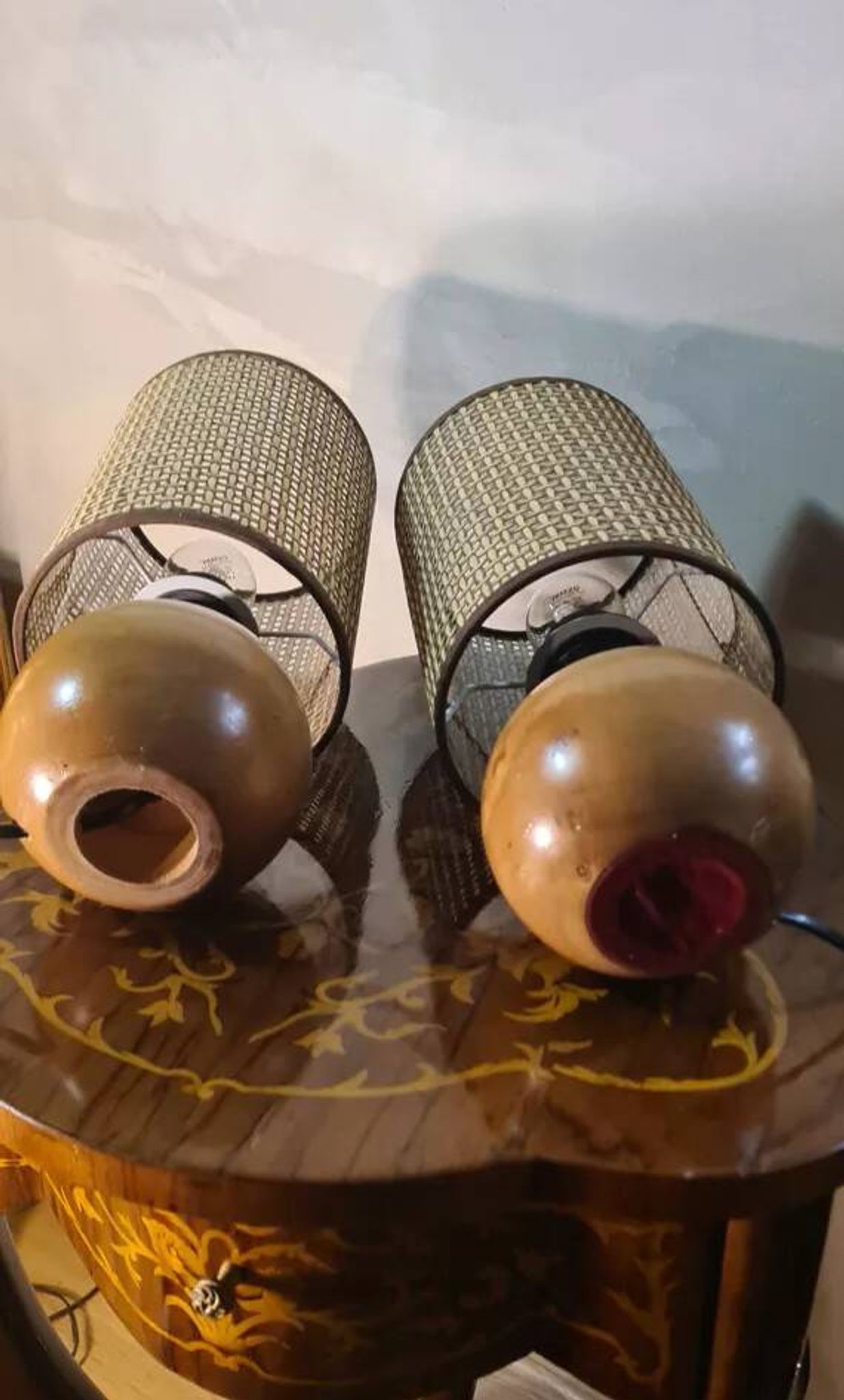 pair of Scandinavian wooden ball bedside lamps elec ok 32x14