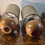 pair of Scandinavian wooden ball bedside lamps elec ok 32x14