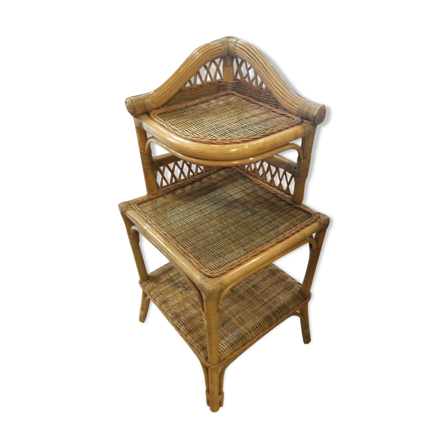 Corner shelf in bamboo and rattan, circa 1975