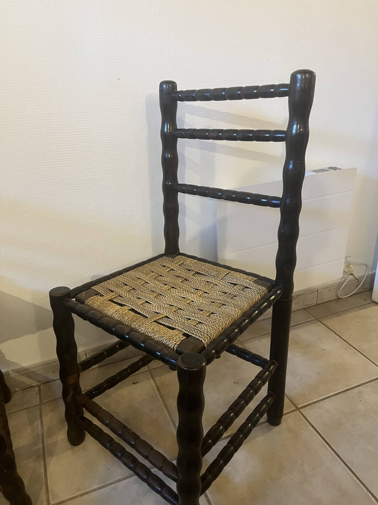 Set of 4 vintage chairs in the style of Charles Dudouyt, made of turned wood and upholstered.