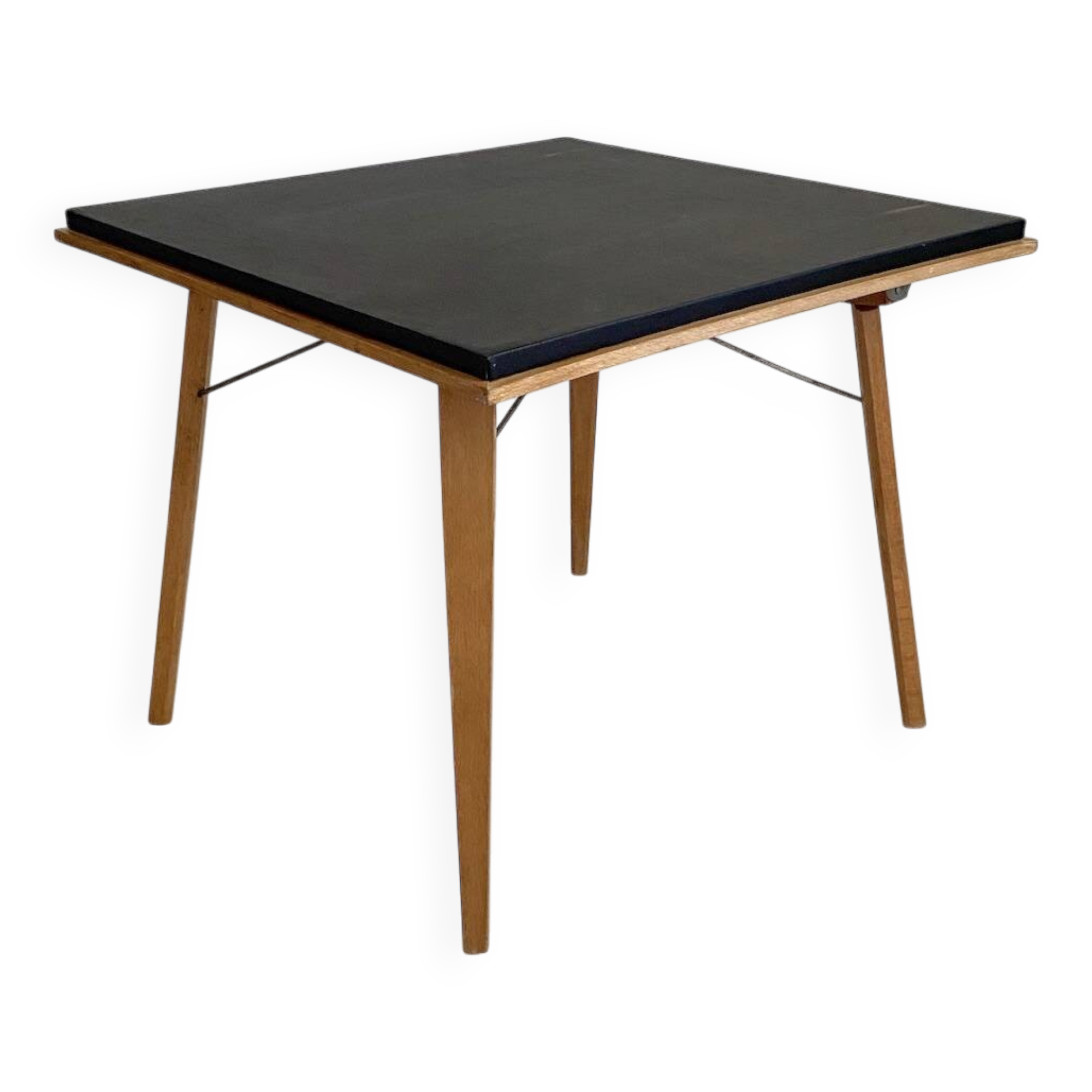 Folding Coffee Table "PLIDEAL" Beech & Black Faux Leather 50s Vintage