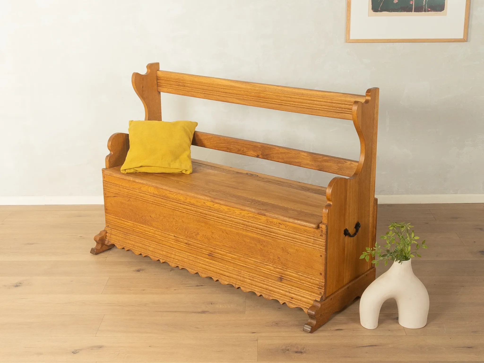 Banc coffre ancien vers 1900, en chêne massif, fait à la main