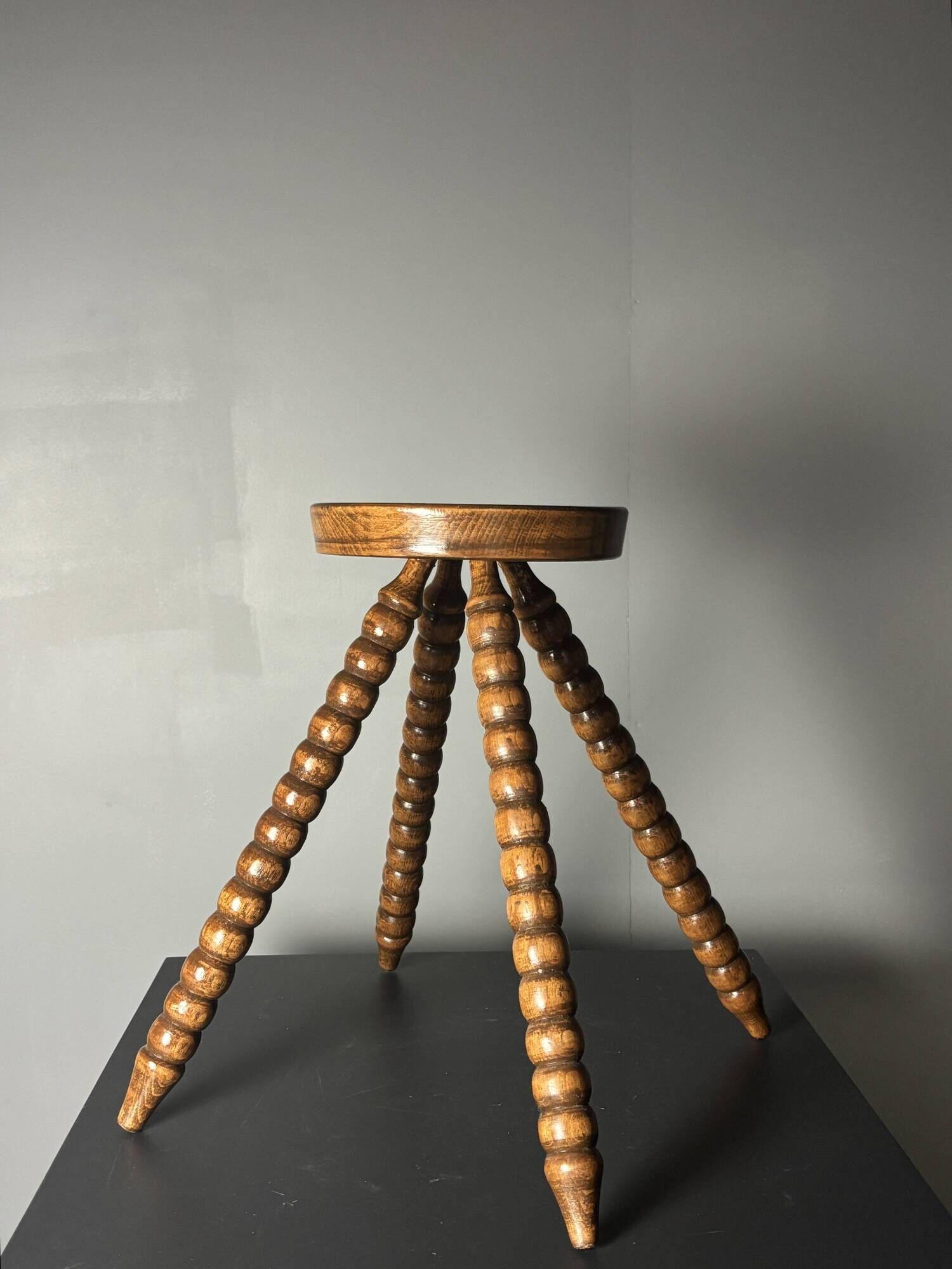 Midcentury bobbin wood turned farm house stool, France ca 1960s