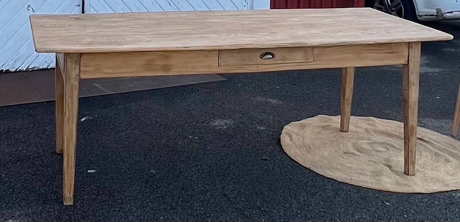 Large antique farmhouse table with 2 drawers in raw solid wood.