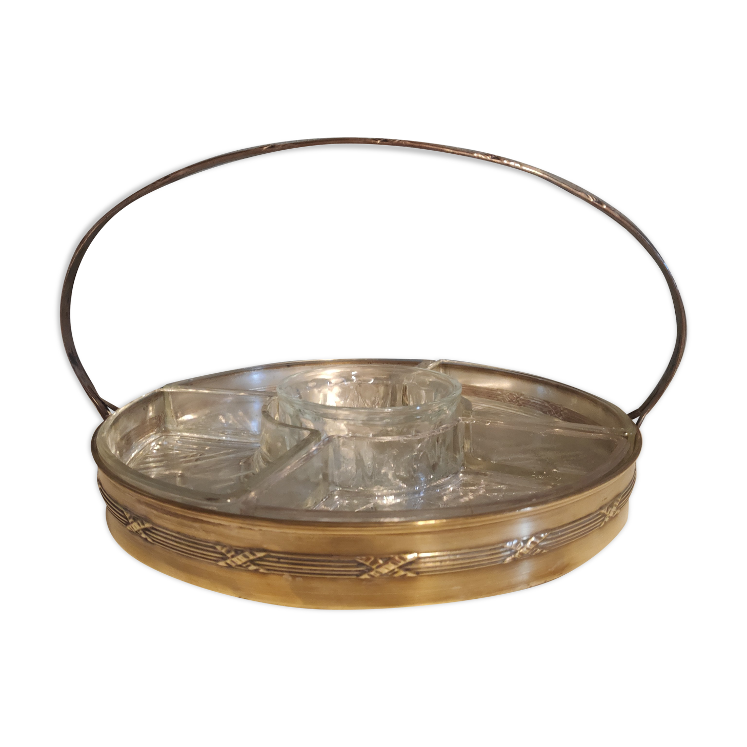 Silver metal servant with 5 carved glass raviers