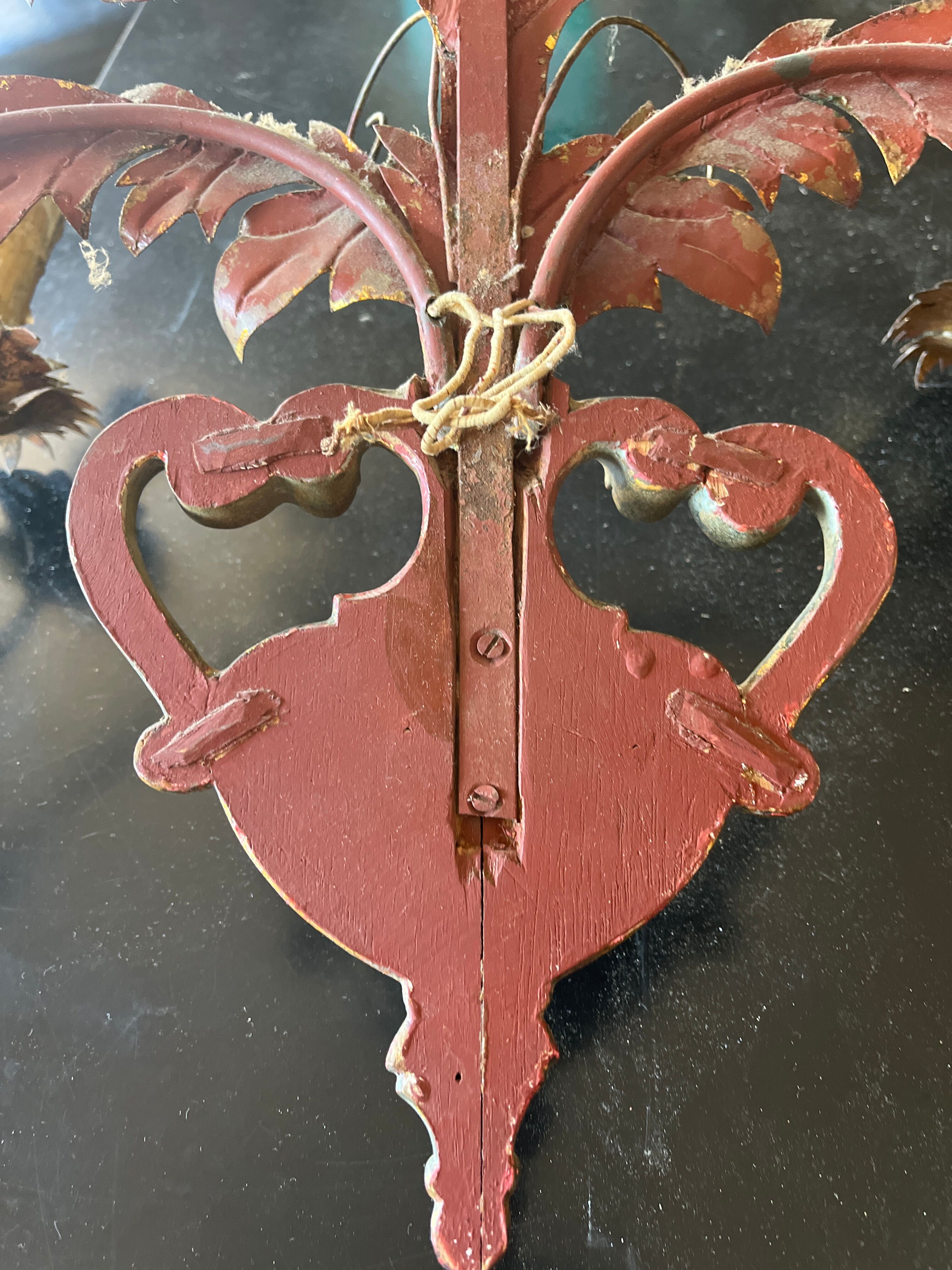 Pair of wood and iron wall lamps