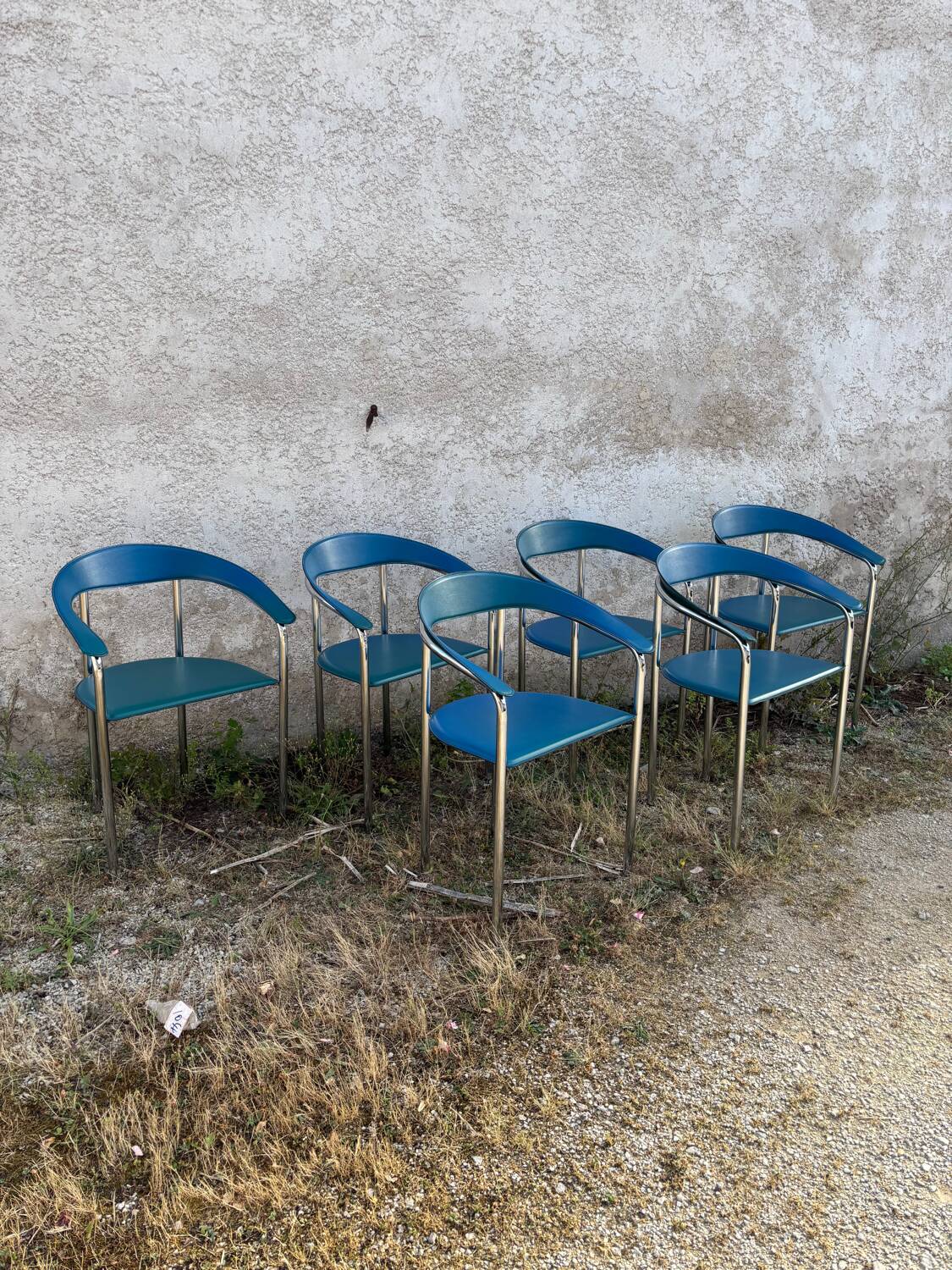 Set of 6 vintage Italian design chairs in leather and chrome metal.