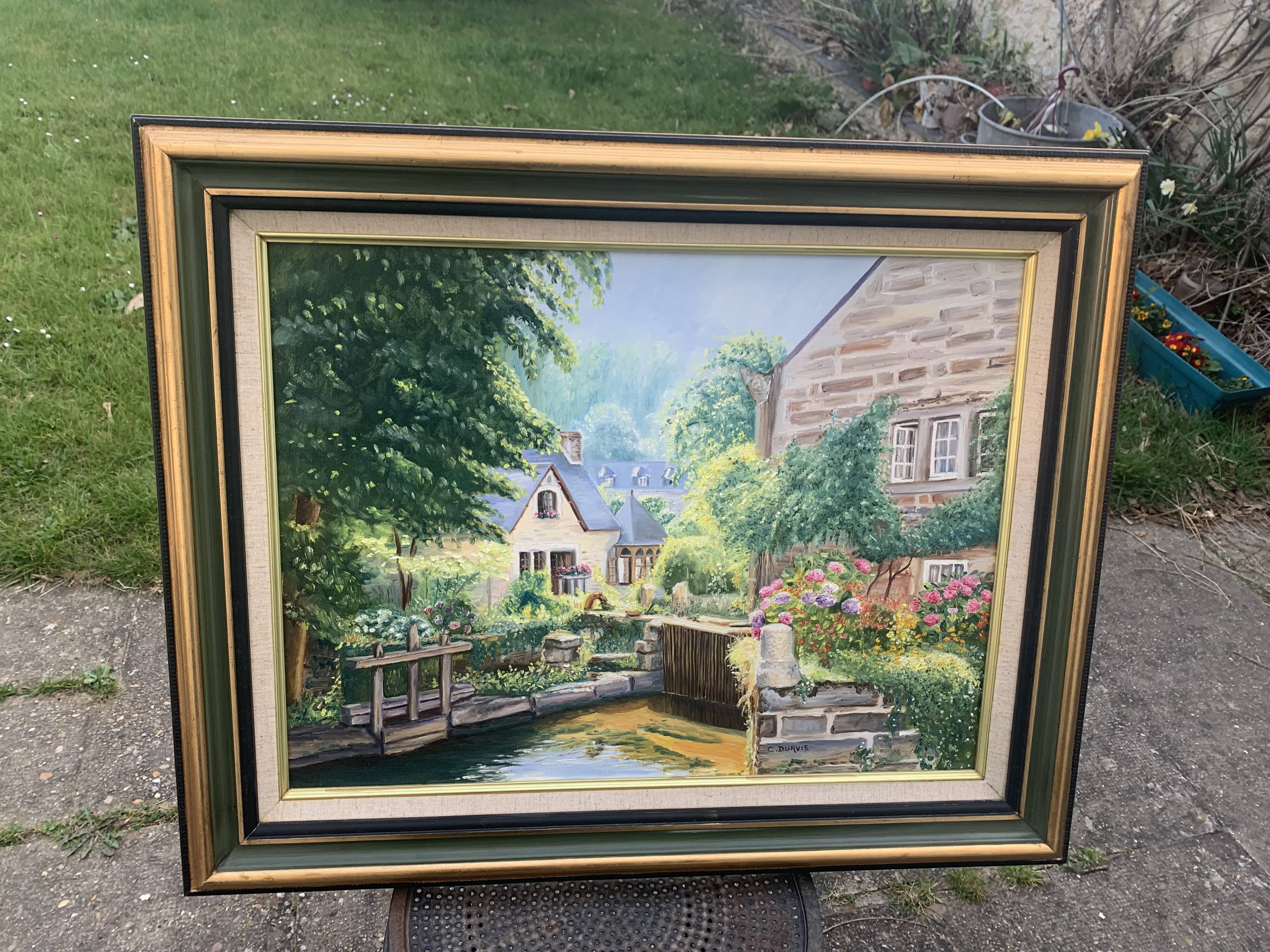 Painting painting on canvas framed bridge aven Bretagne by Christine durvis vintage