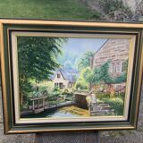 Painting painting on canvas framed bridge aven Bretagne by Christine durvis vintage