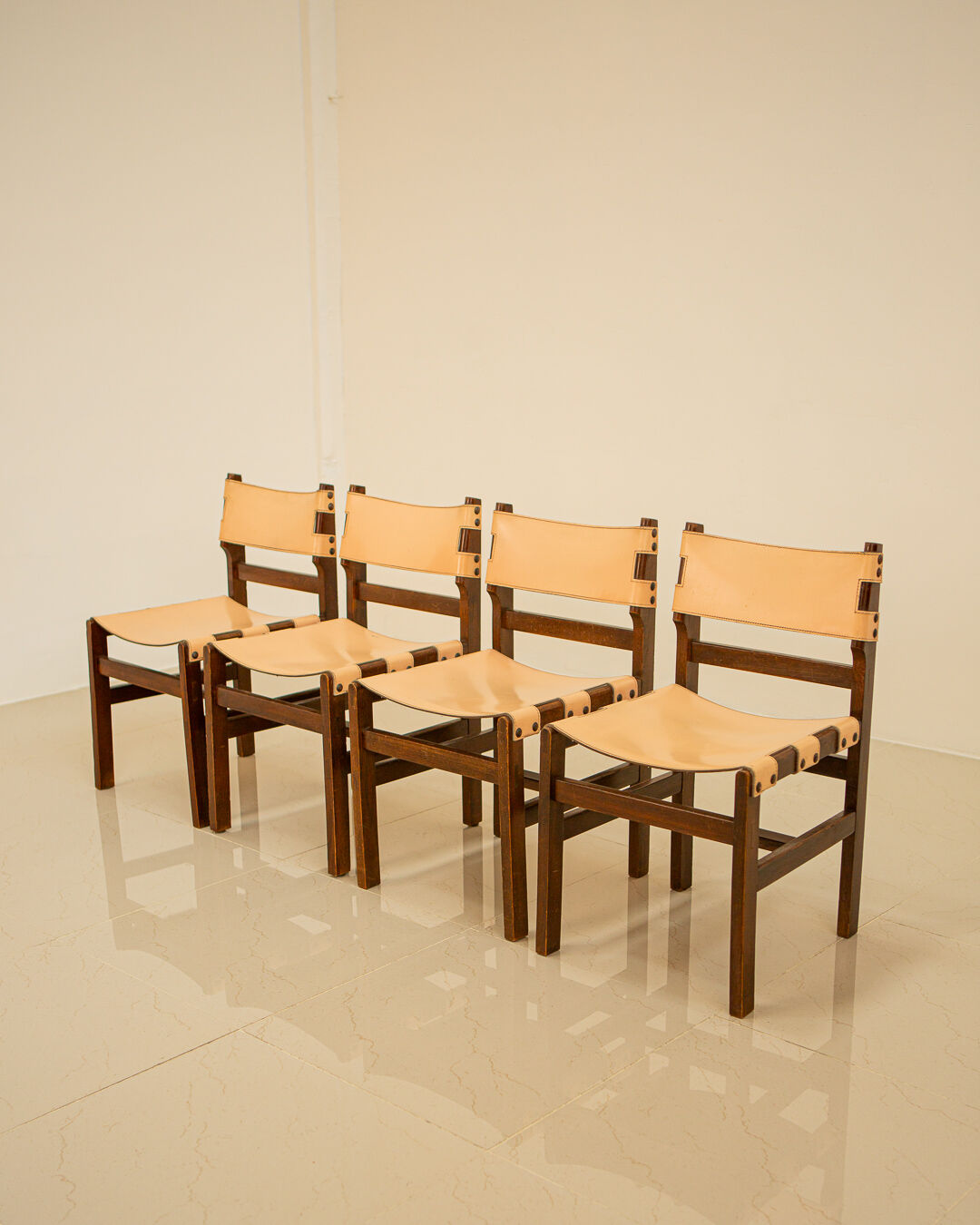 Set of 4 wooden and leather chairs by Maison Regain 70's