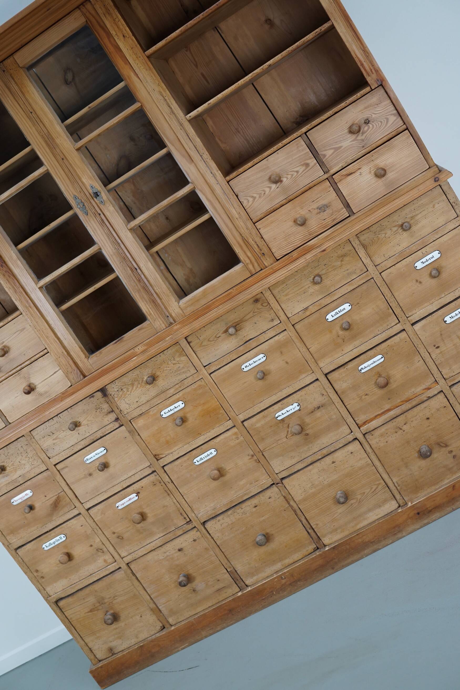 Large antique German pine apothecary cabinet / vitrine early 20th century