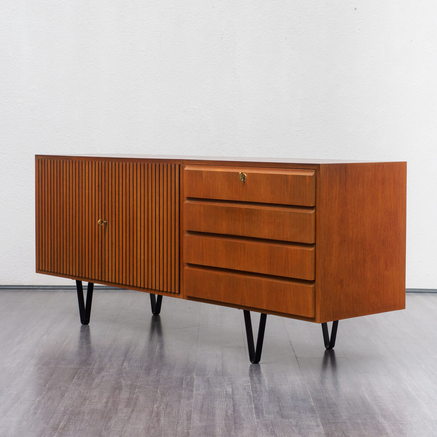 Sideboard 60 years, teak, metal legs, doors striated
