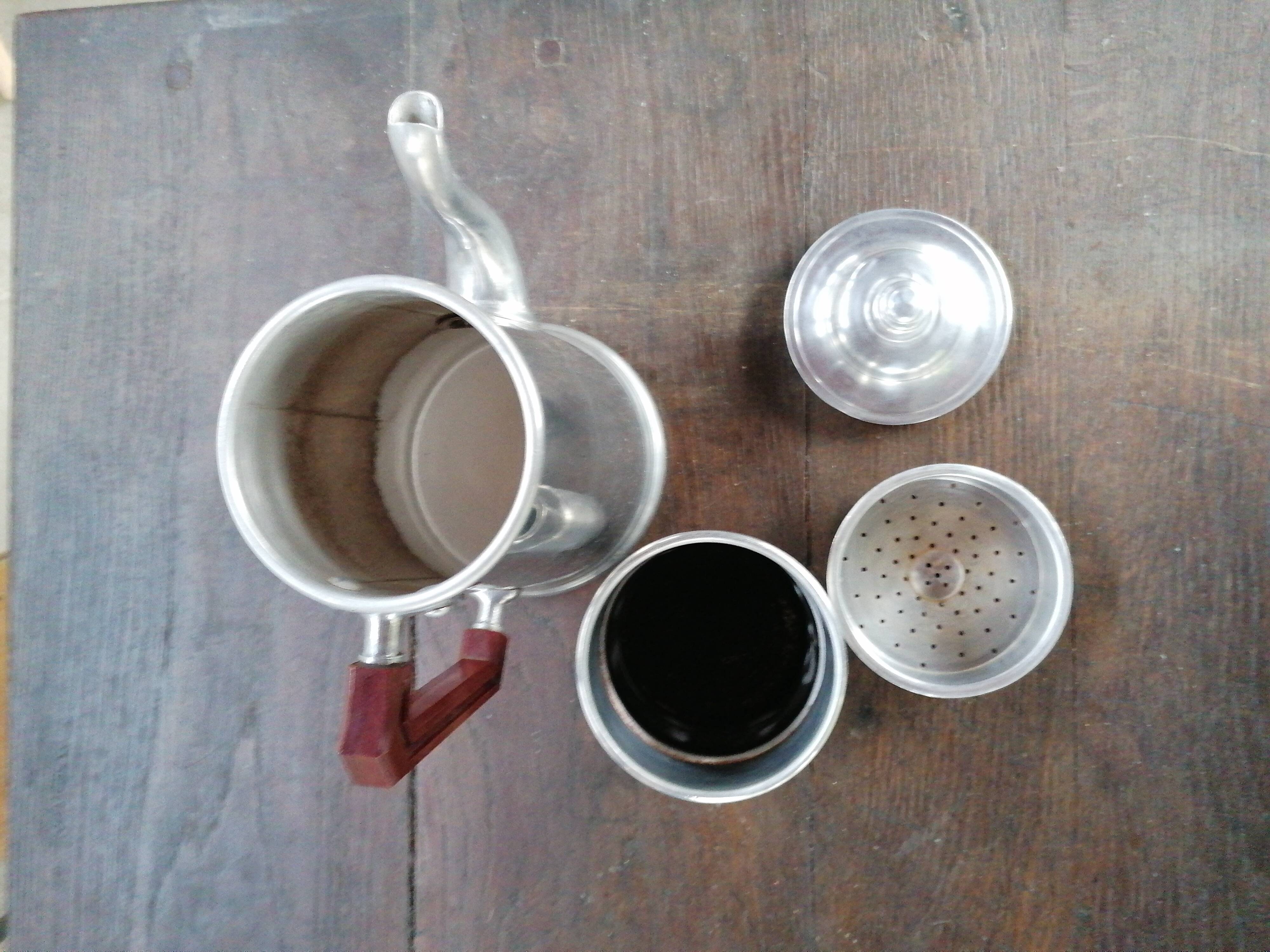 Vintage coffee maker in grey metal and bakelite handle