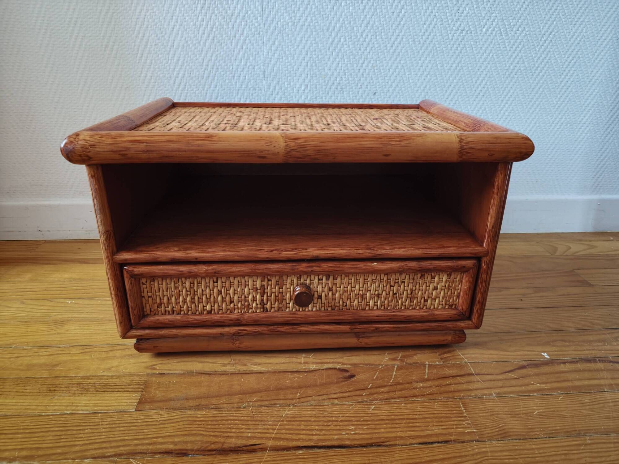 Rattan bedside table from the 1970s-80s.