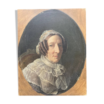 Tableau ancien - portrait de femme qui affiche boucles et tortillons