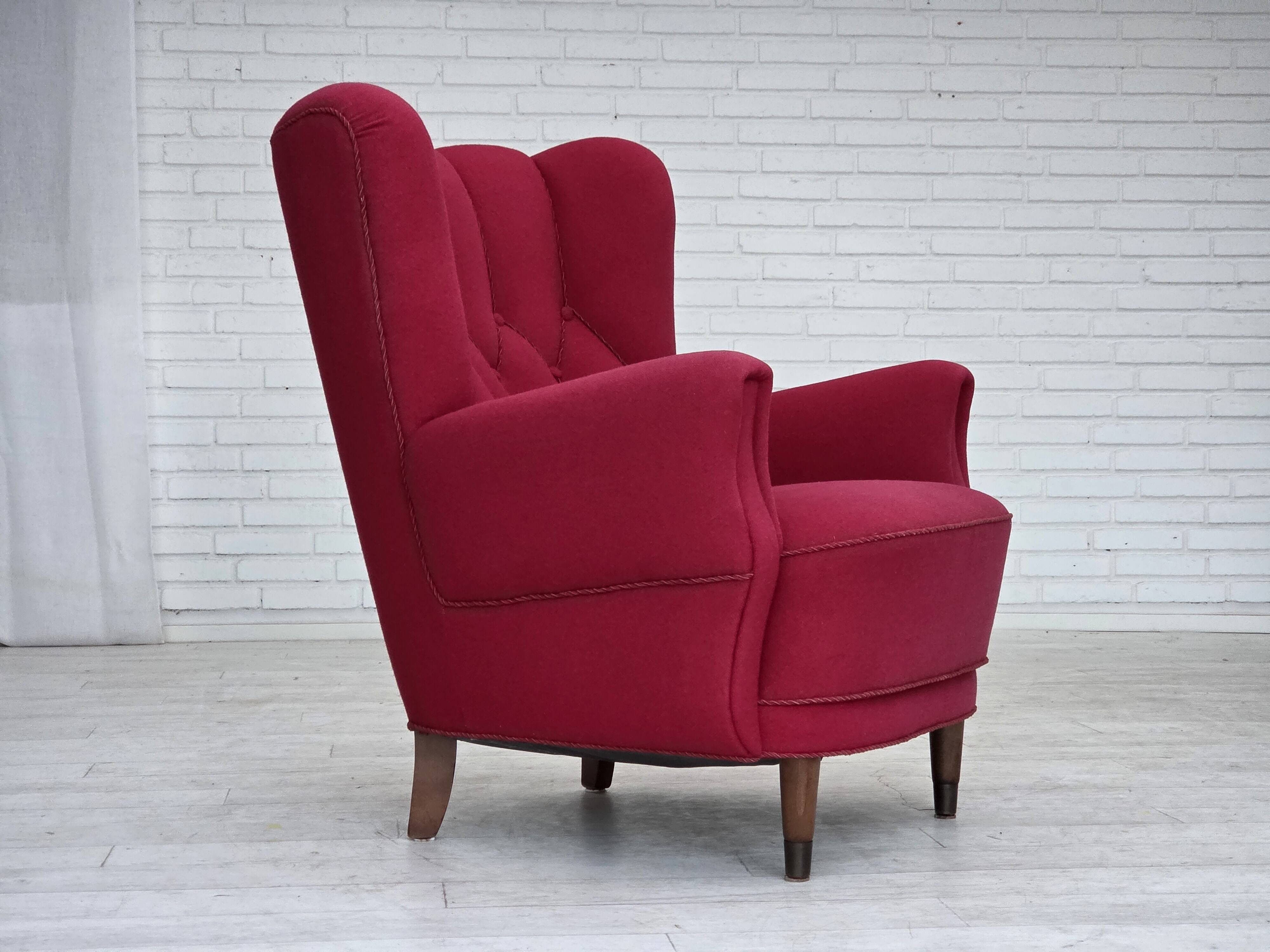 1960s, Danish armchair, furniture wool, beech wood logs.