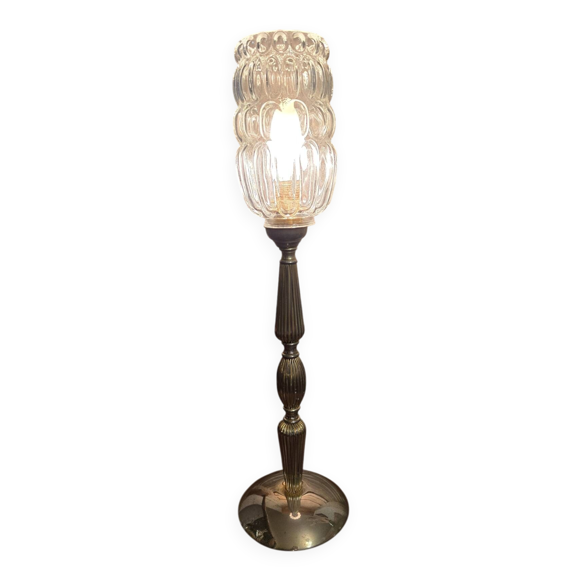 Lampe à poser pied doré et son globe en verre bullé allongé