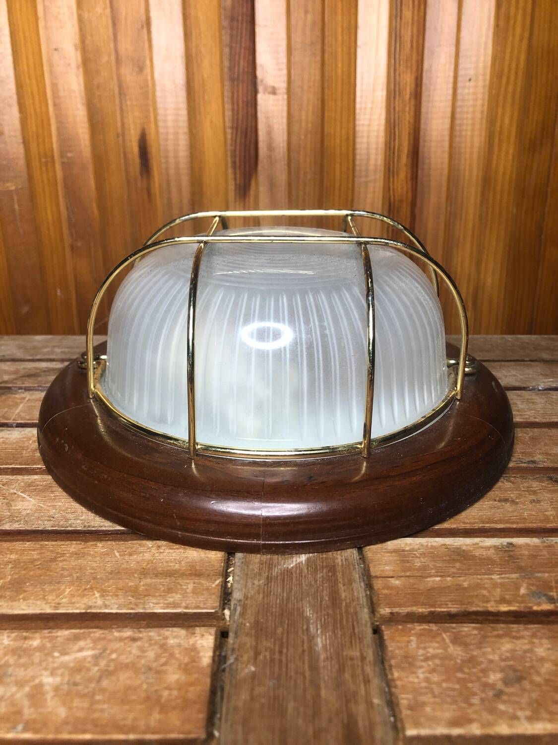 Old marine style ceiling light molded glass wood contour gold metal reinforcement #a624