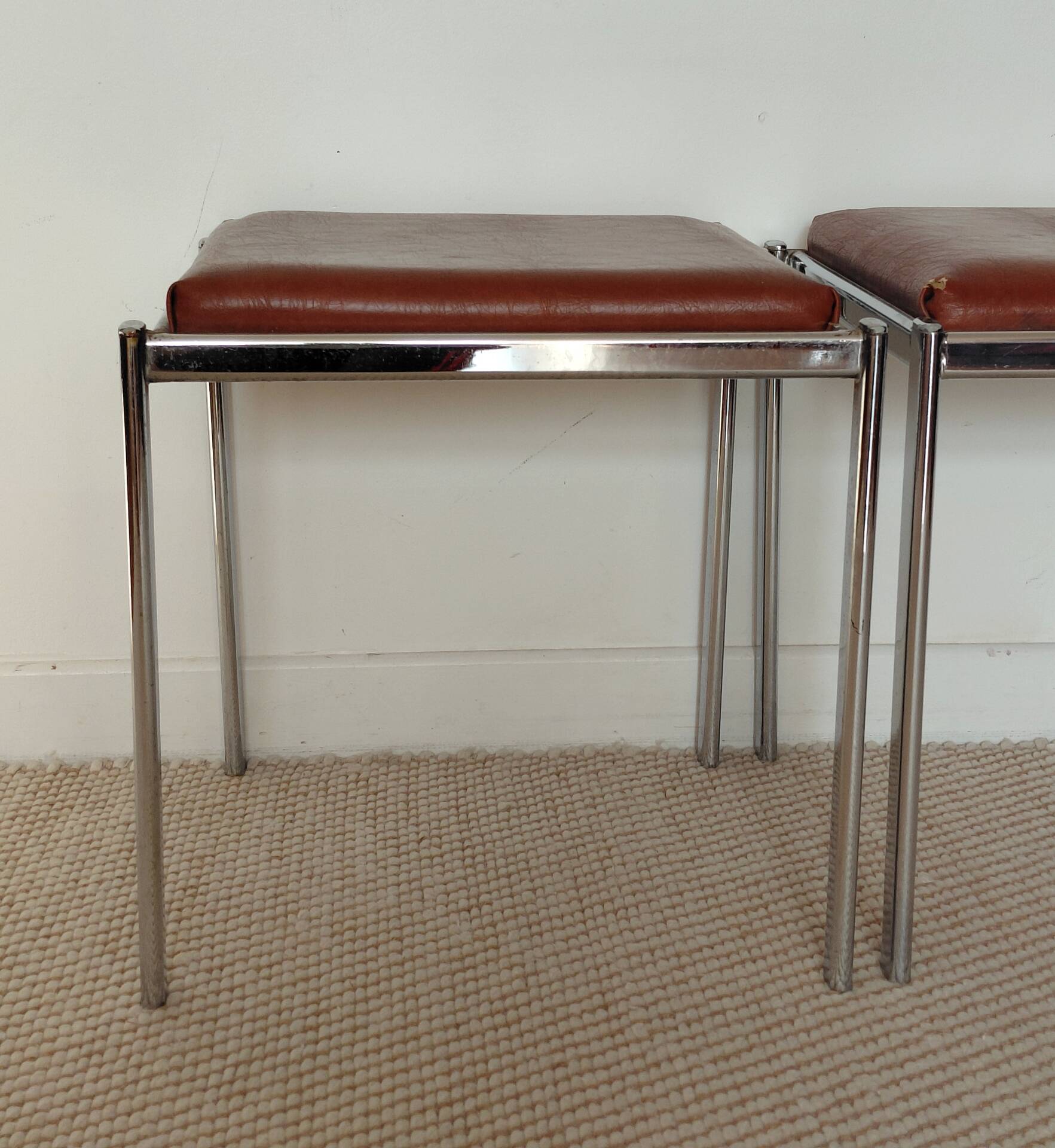Pair of vintage stackable stools in faux leather and chrome - 70s