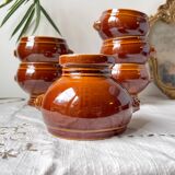 6 lion head bowls in ceramic, vintage brown style Emile Henry, made in France.