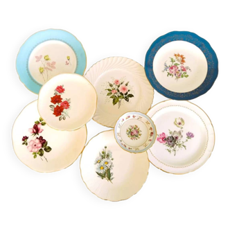 Eight Mismatched 1950s Floral Transferware Plates. Shabby Chic Roses. Vintage China.