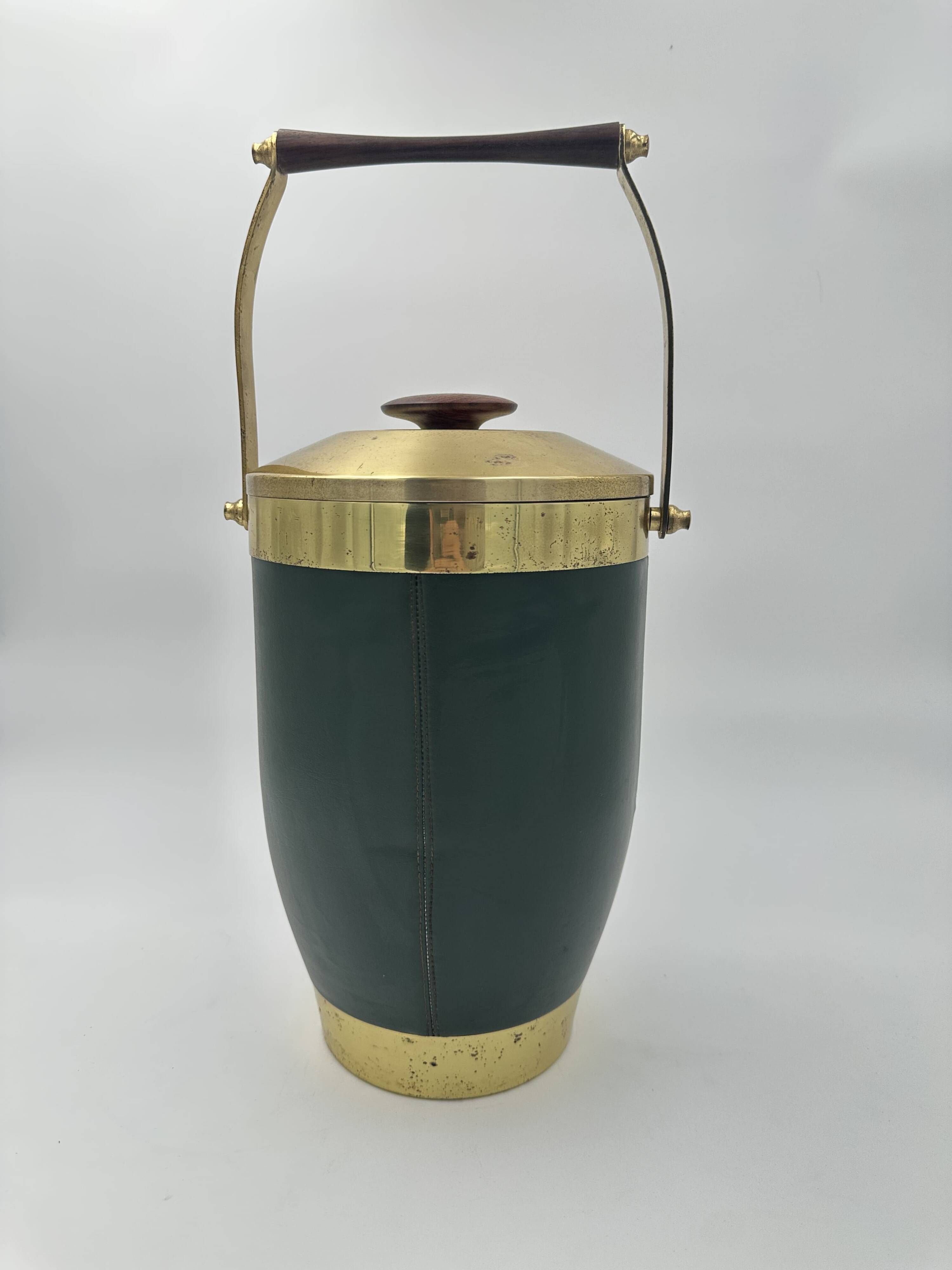 Green Leather and Brass Curved Handle Ice Bucket. Italian Work. V