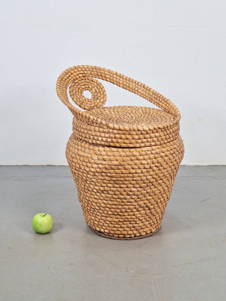 Vintage Straw and Wicker Stool with Storage Basket, 1960s