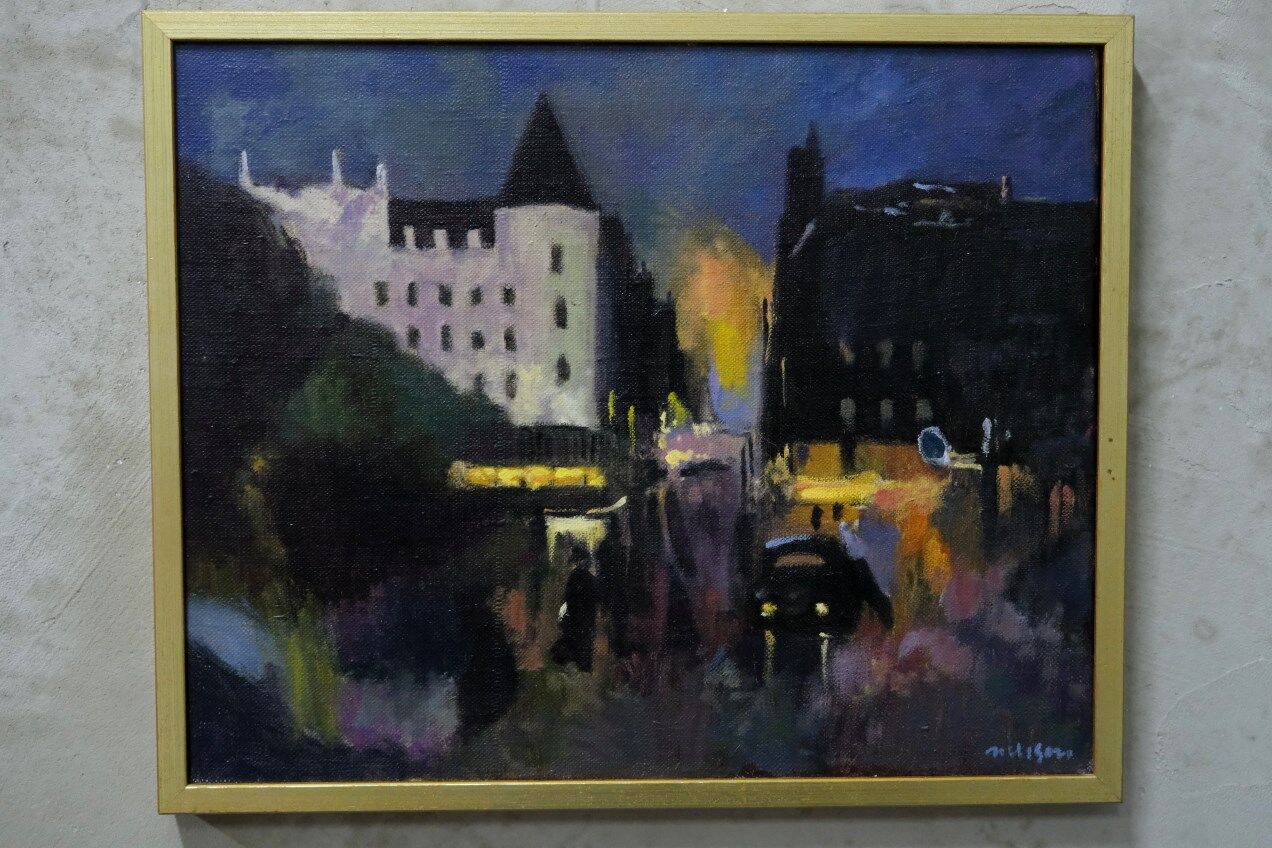 Swedish artist, scandinavian modern city landscape, 1970s, oil on canvas, signed,  framed