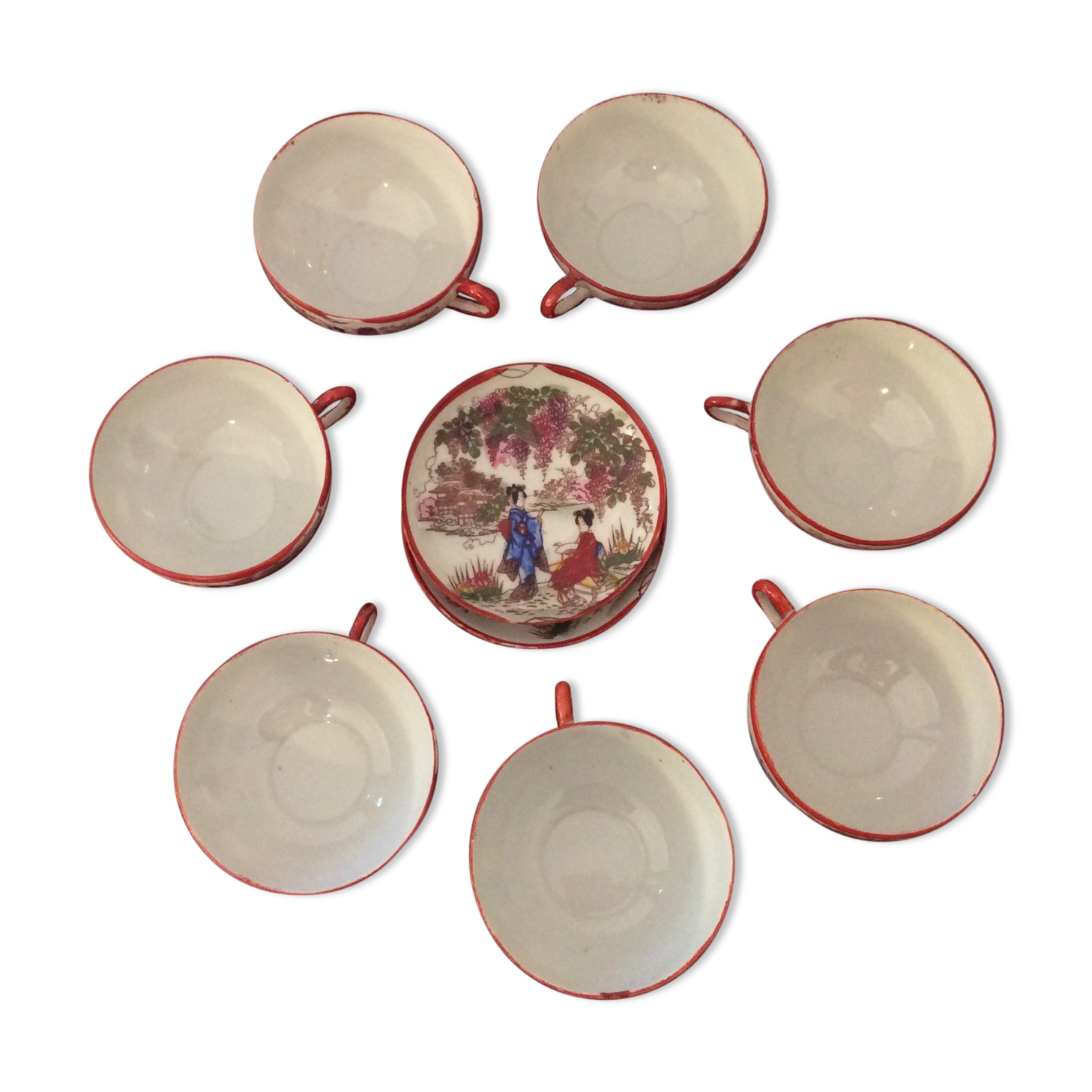 Set of 8 very old fine porcelain cups Japan and 2 under cups