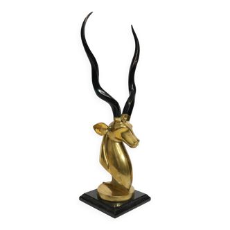 Sculpture en laiton et marbre de la tête d'antilope koudou des années 1970