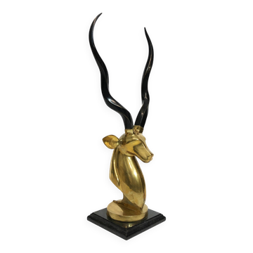 Sculpture en laiton et marbre de la tête d'antilope koudou des années 1970