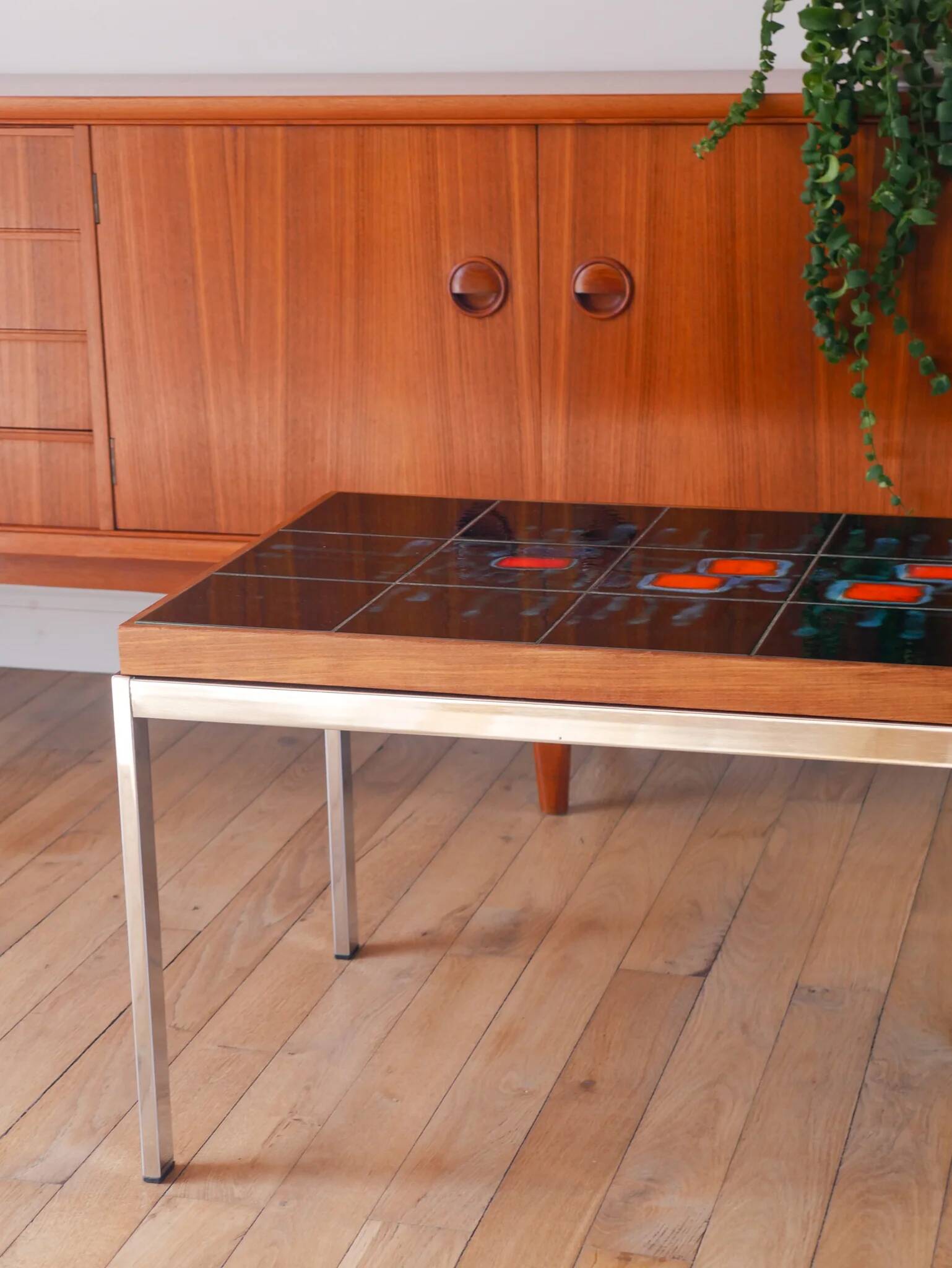 Table basse en céramique, teck & chrome, design, 1970