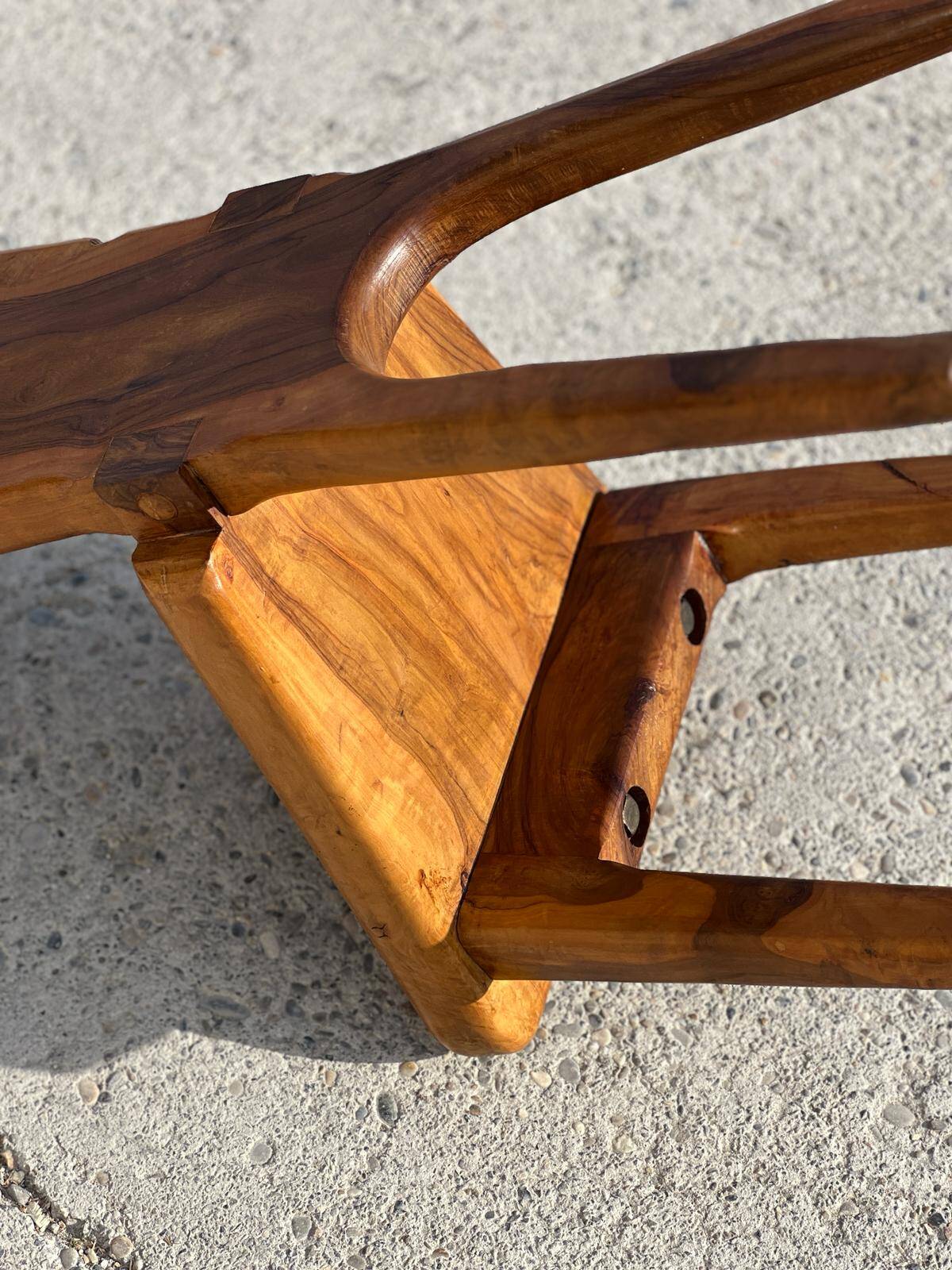 Sculptural high-back chair in solid olive wood, France, 1960s