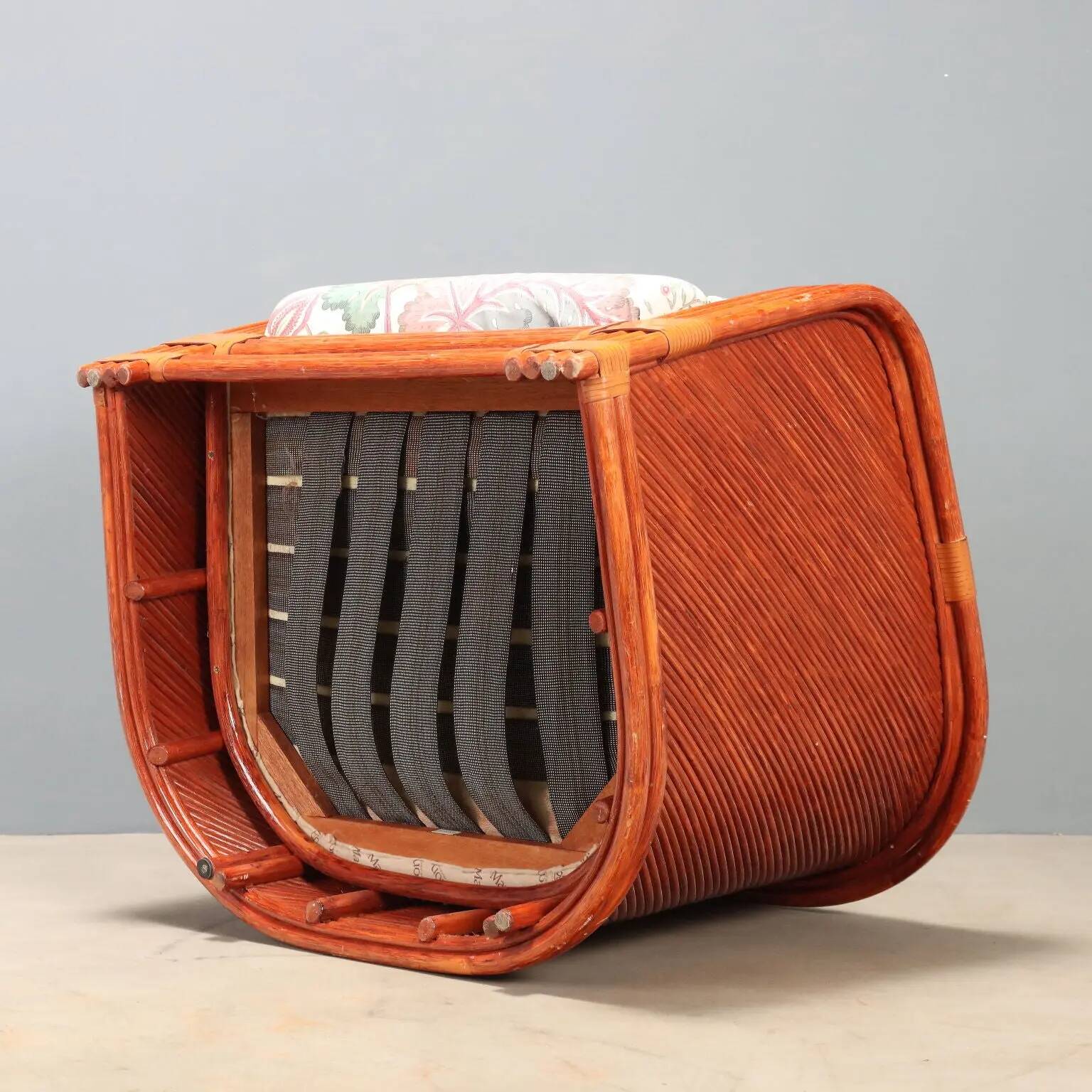 Red lacquered rattan and bamboo sofa from the 1980s.
